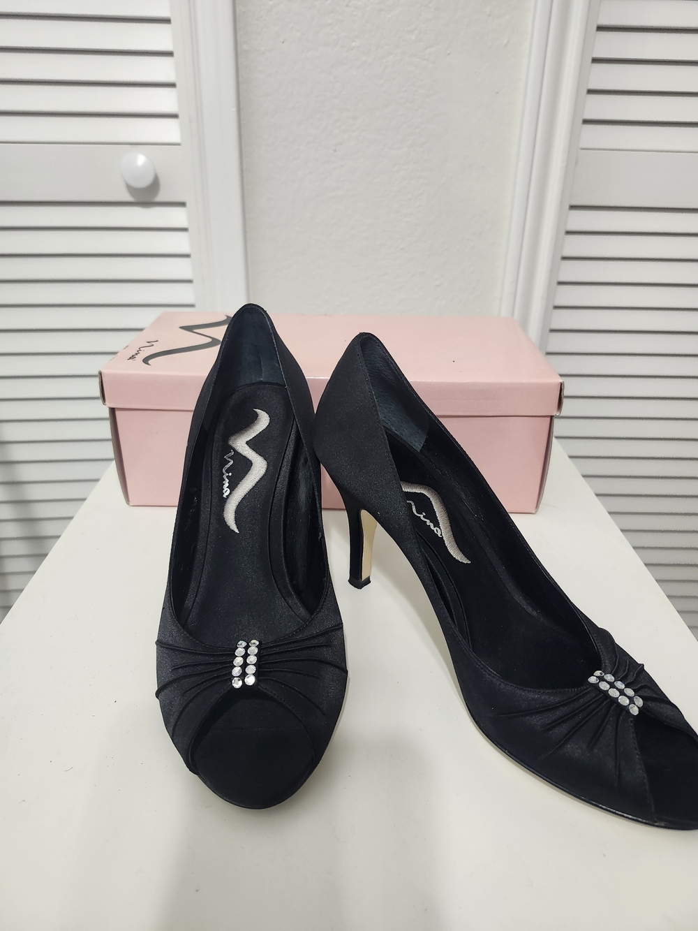 Nina Black Satin Peep-Toe Heels with Rhinestone Accent